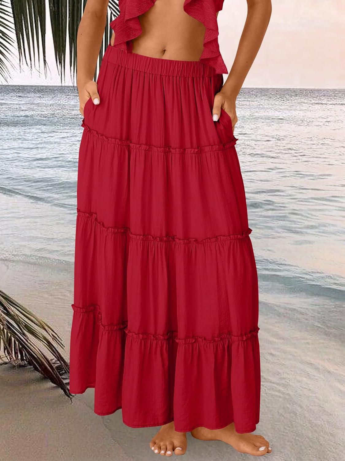 imageTrendy Queen Long Skirts for Women Boho Maxi Skirt Summer Swing Tiered ALine Elastic High Waist Dress with Pockets FashionRed