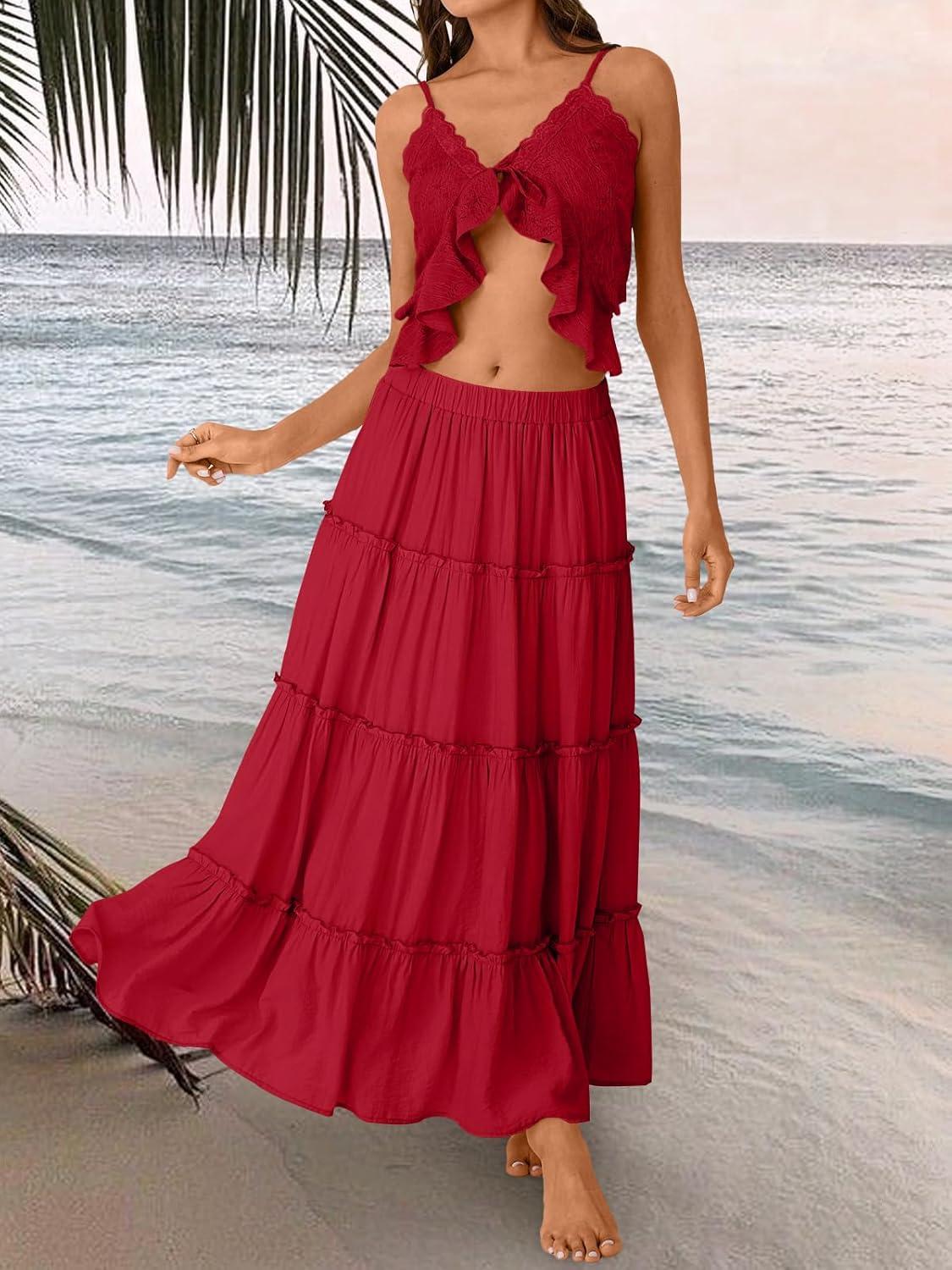imageTrendy Queen Long Skirts for Women Boho Maxi Skirt Summer Swing Tiered ALine Elastic High Waist Dress with Pockets FashionRed