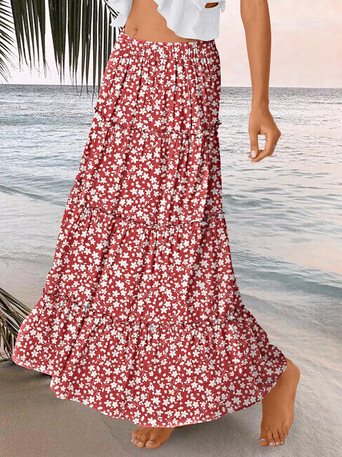 imageTrendy Queen Long Skirts for Women Boho Maxi Skirt Summer Swing Tiered ALine Elastic High Waist Dress with Pockets FashionRed Flower