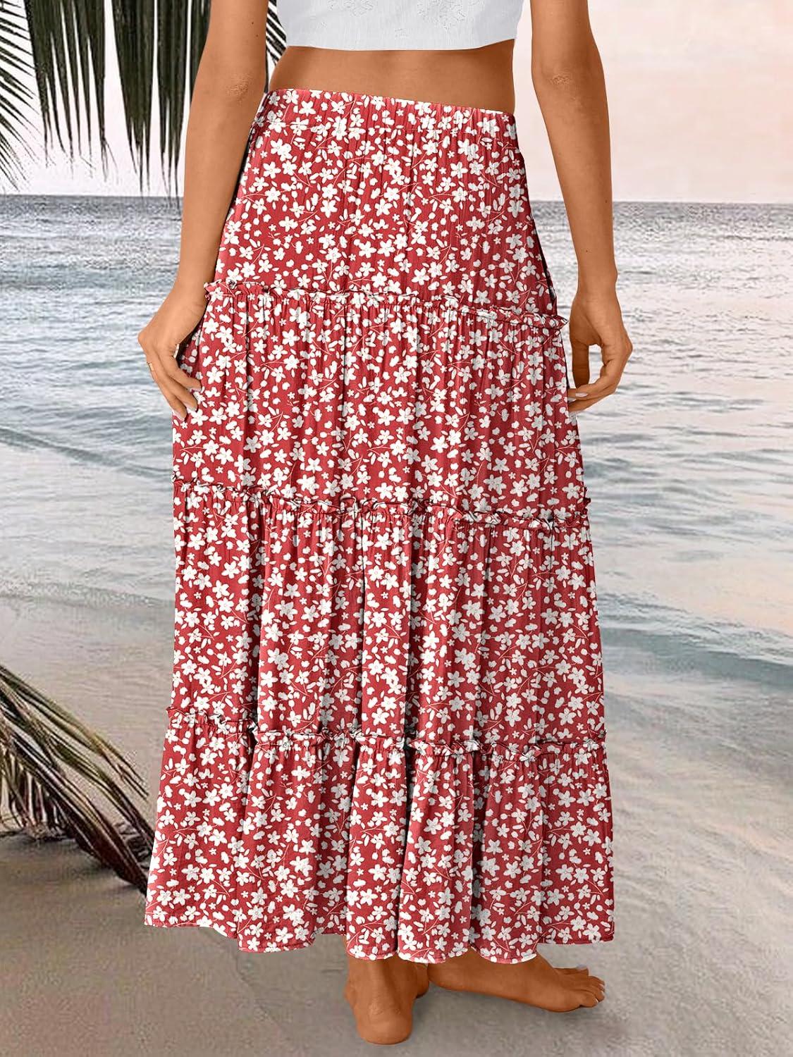 imageTrendy Queen Long Skirts for Women Boho Maxi Skirt Summer Swing Tiered ALine Elastic High Waist Dress with Pockets FashionRed Flower