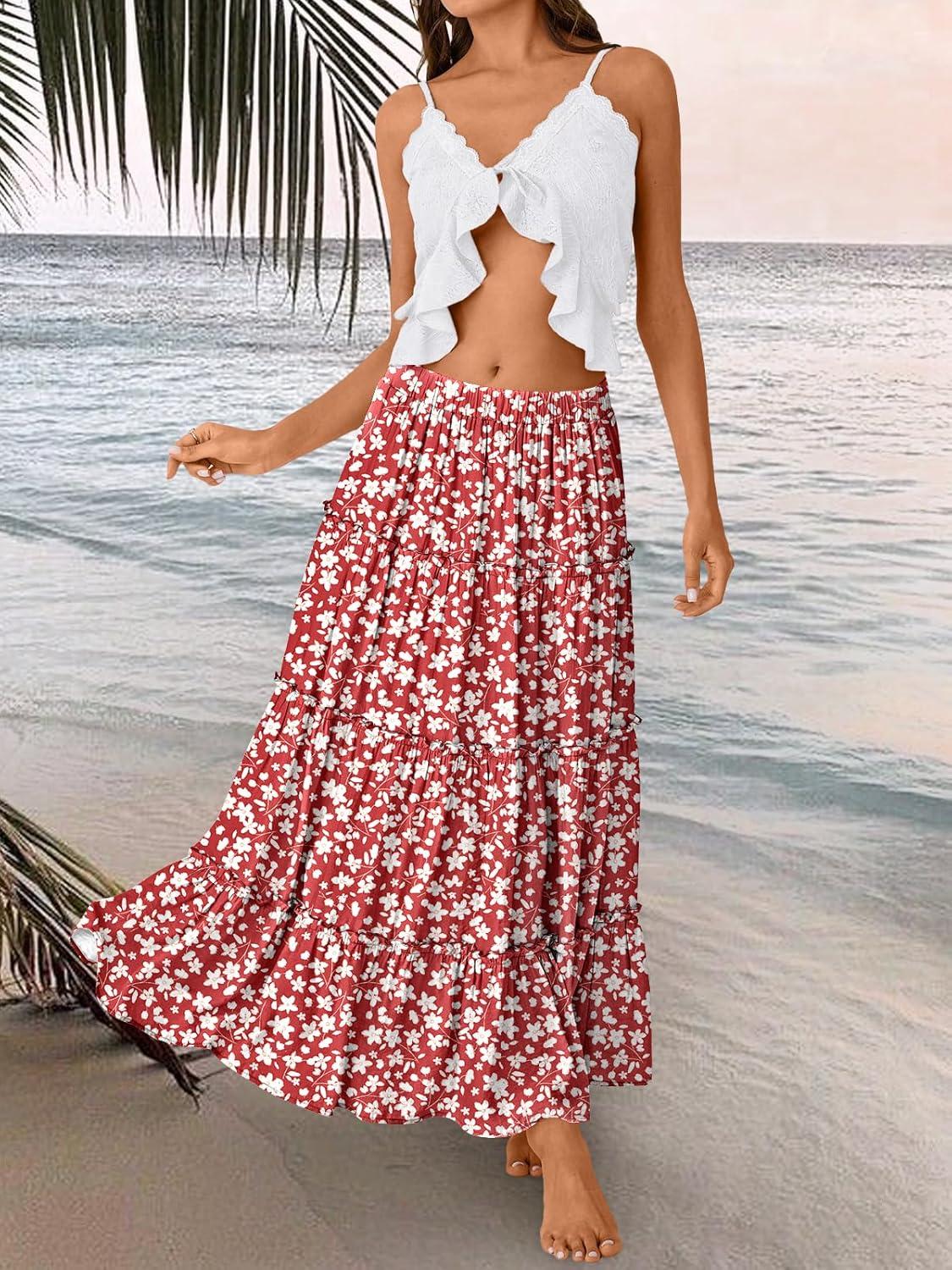 imageTrendy Queen Long Skirts for Women Boho Maxi Skirt Summer Swing Tiered ALine Elastic High Waist Dress with Pockets FashionRed Flower