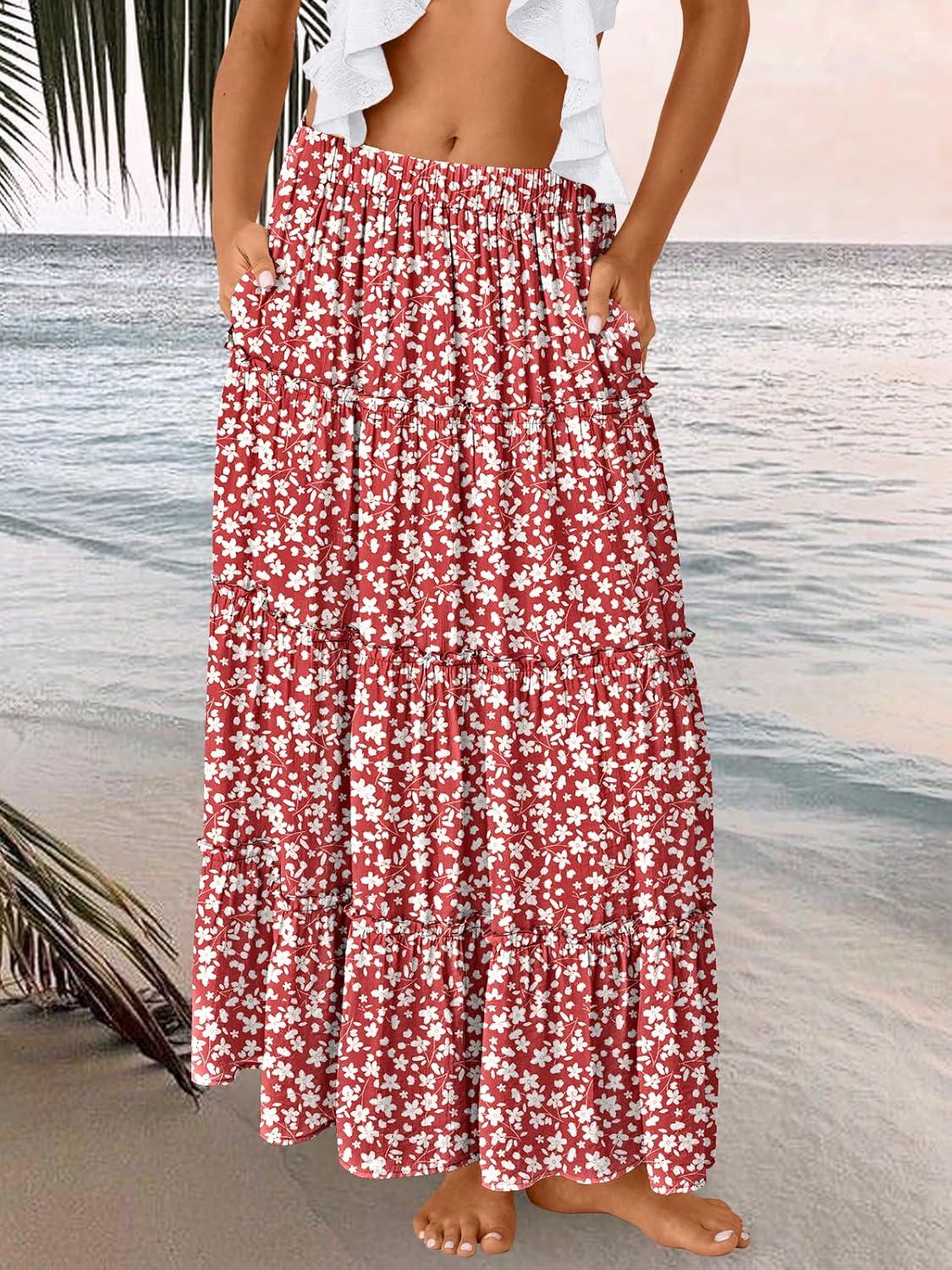 imageTrendy Queen Long Skirts for Women Boho Maxi Skirt Summer Swing Tiered ALine Elastic High Waist Dress with Pockets FashionRed Flower