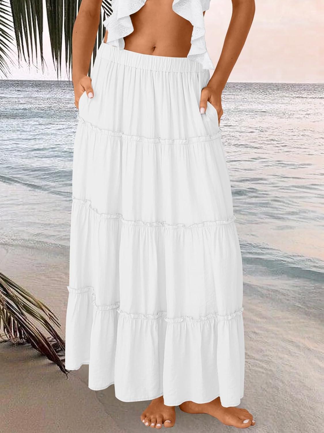 imageTrendy Queen Long Skirts for Women Boho Maxi Skirt Summer Swing Tiered ALine Elastic High Waist Dress with Pockets FashionWhite