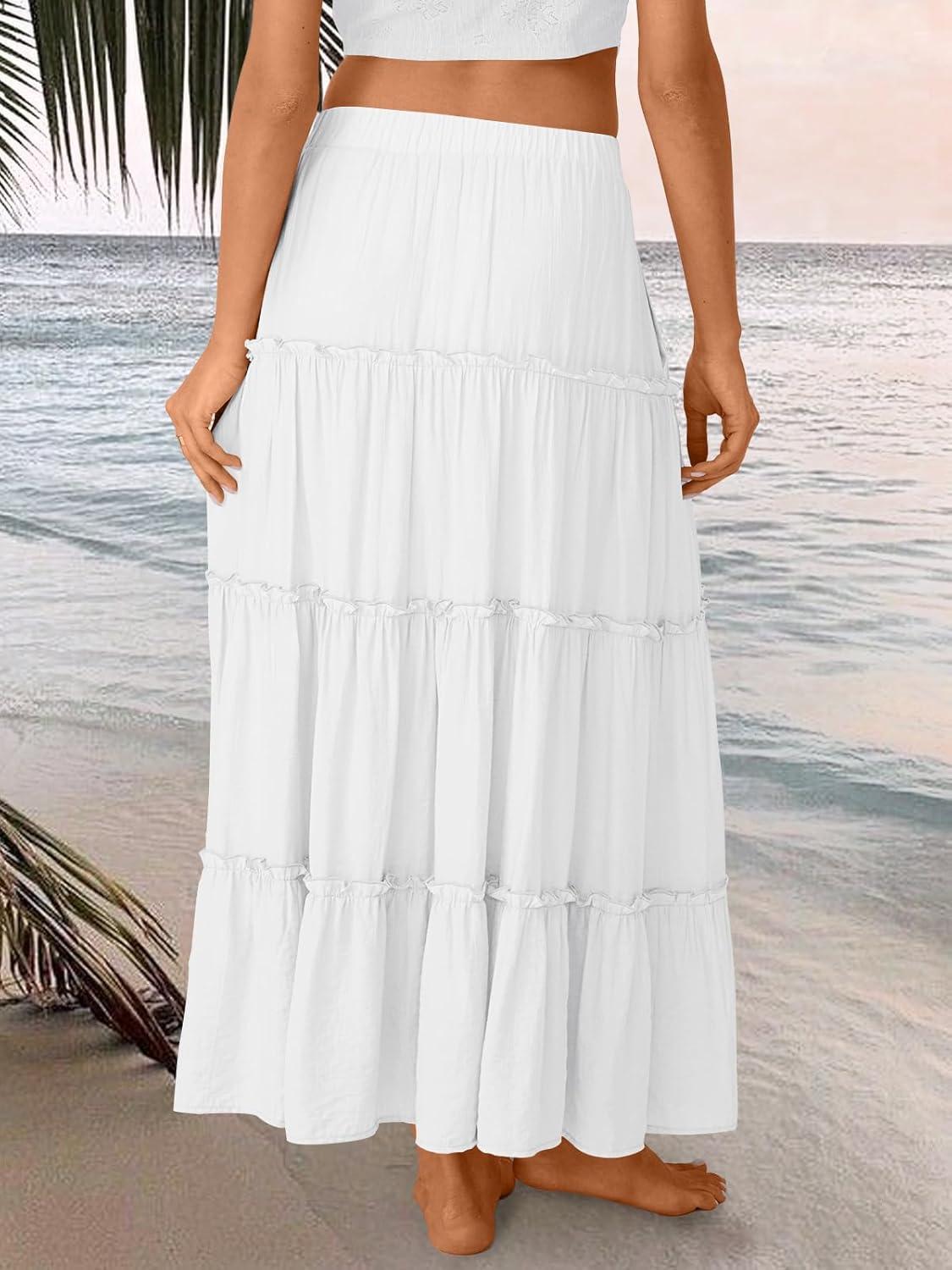 imageTrendy Queen Long Skirts for Women Boho Maxi Skirt Summer Swing Tiered ALine Elastic High Waist Dress with Pockets FashionWhite