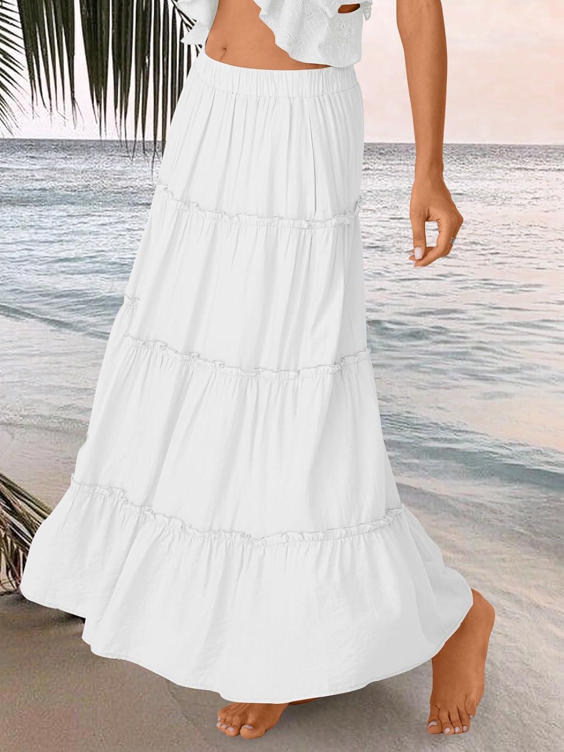 imageTrendy Queen Long Skirts for Women Boho Maxi Skirt Summer Swing Tiered ALine Elastic High Waist Dress with Pockets FashionWhite