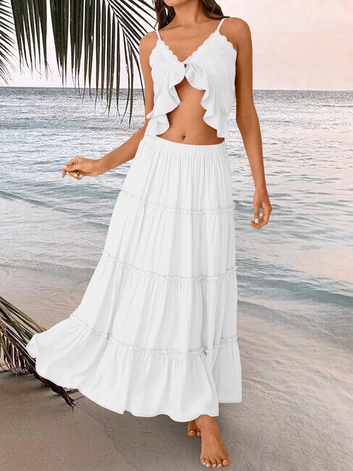 imageTrendy Queen Long Skirts for Women Boho Maxi Skirt Summer Swing Tiered ALine Elastic High Waist Dress with Pockets FashionWhite