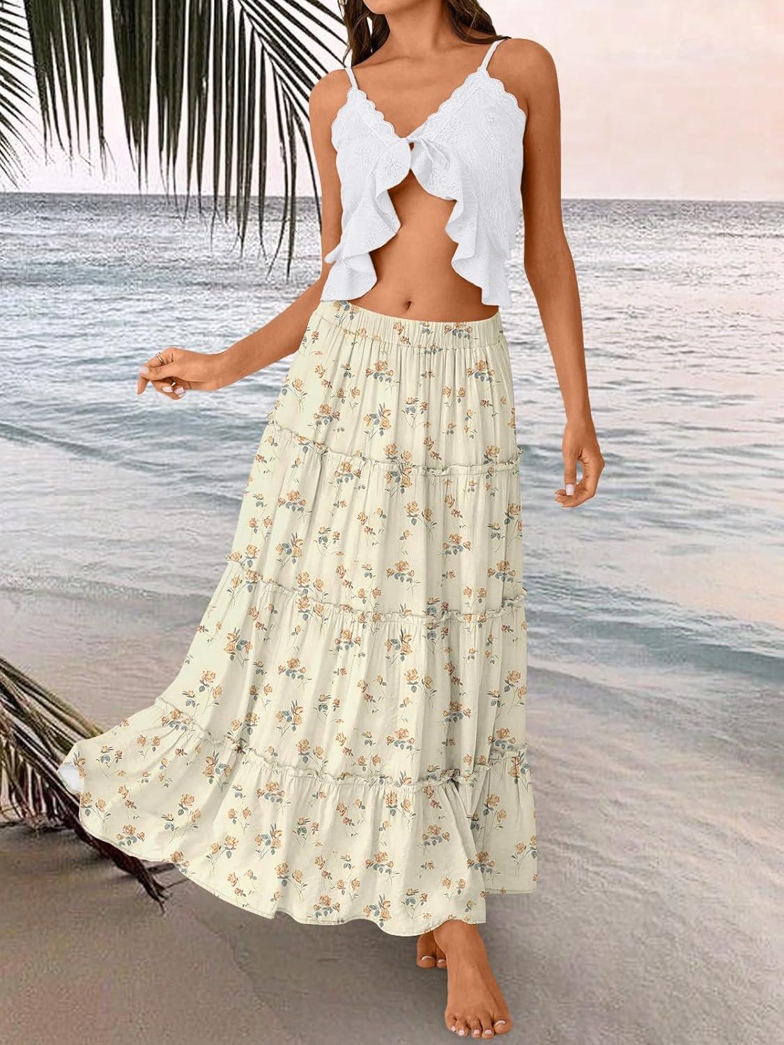 imageTrendy Queen Long Skirts for Women Boho Maxi Skirt Summer Swing Tiered ALine Elastic High Waist Dress with Pockets FashionWhite Flower