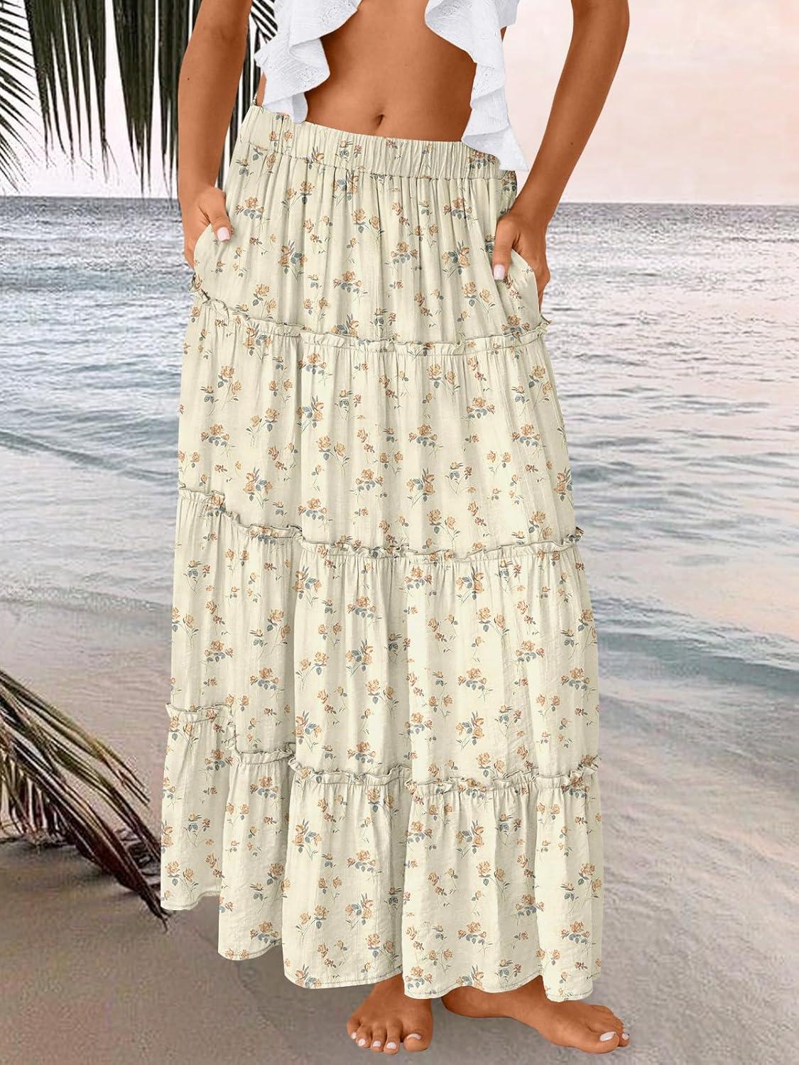 imageTrendy Queen Long Skirts for Women Boho Maxi Skirt Summer Swing Tiered ALine Elastic High Waist Dress with Pockets FashionWhite Flower