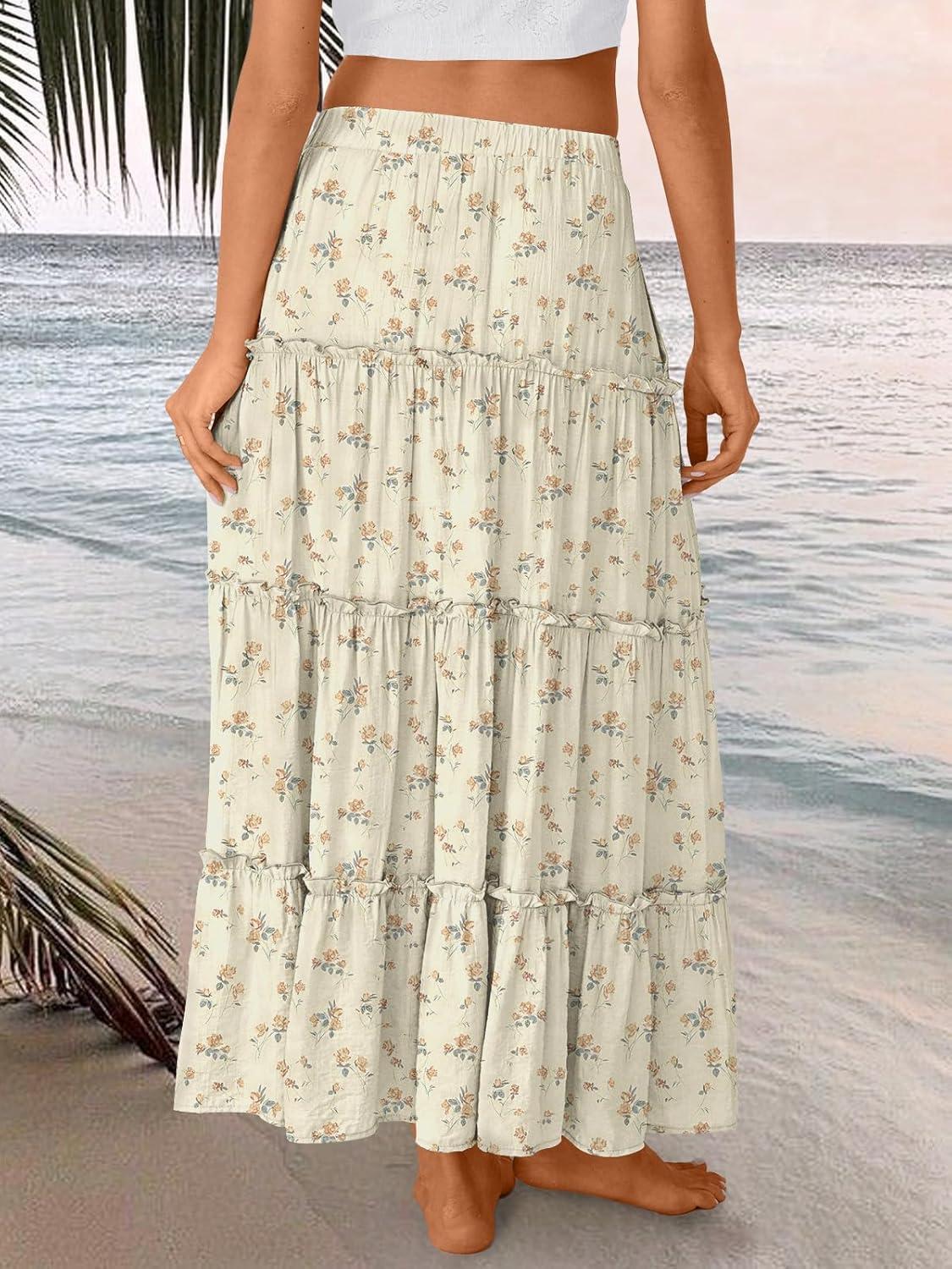 imageTrendy Queen Long Skirts for Women Boho Maxi Skirt Summer Swing Tiered ALine Elastic High Waist Dress with Pockets FashionWhite Flower