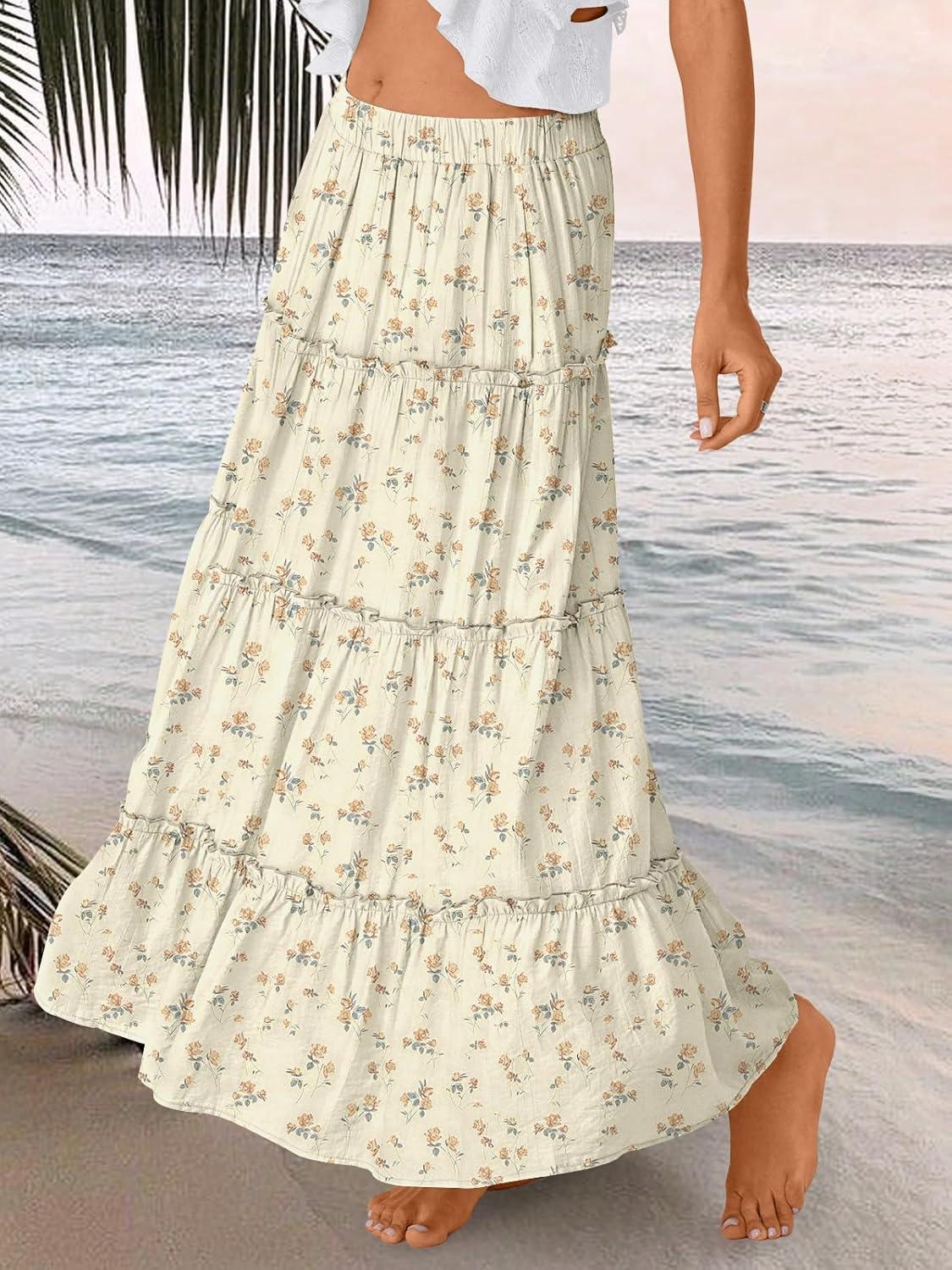 imageTrendy Queen Long Skirts for Women Boho Maxi Skirt Summer Swing Tiered ALine Elastic High Waist Dress with Pockets FashionWhite Flower