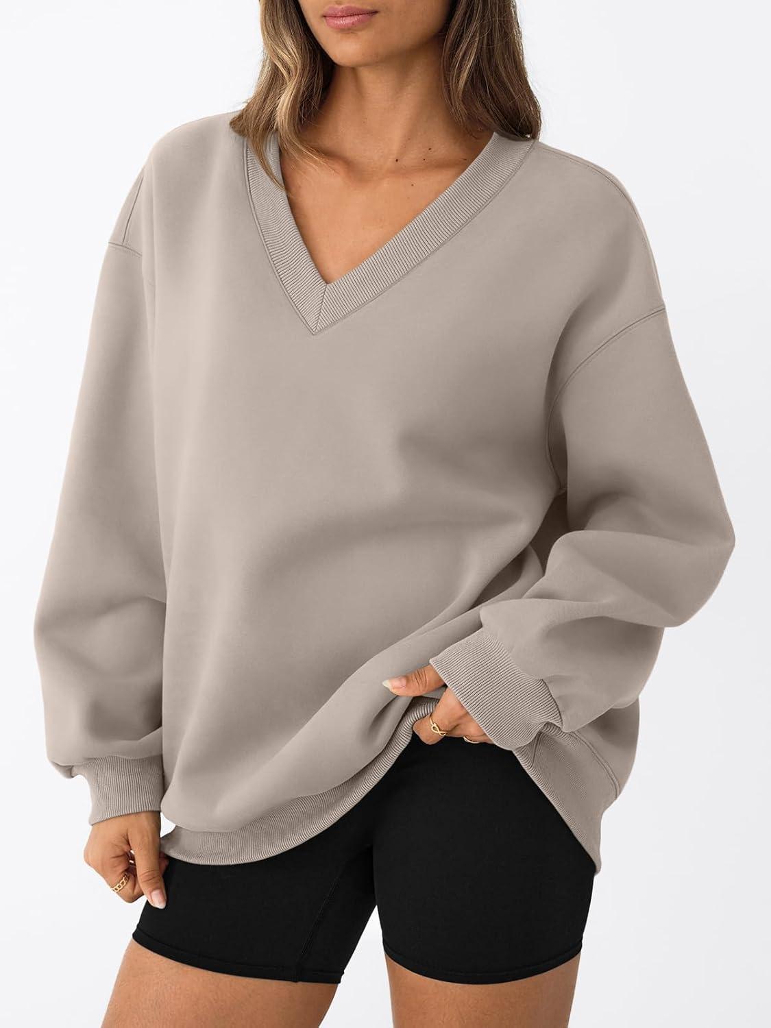 imageTrendy Queen Womens Oversized Sweatshirts Fall Fashion V Neck Hoodies Loose Fit Winter Outfits Teen Girl Clothes 2025Coffeegrey