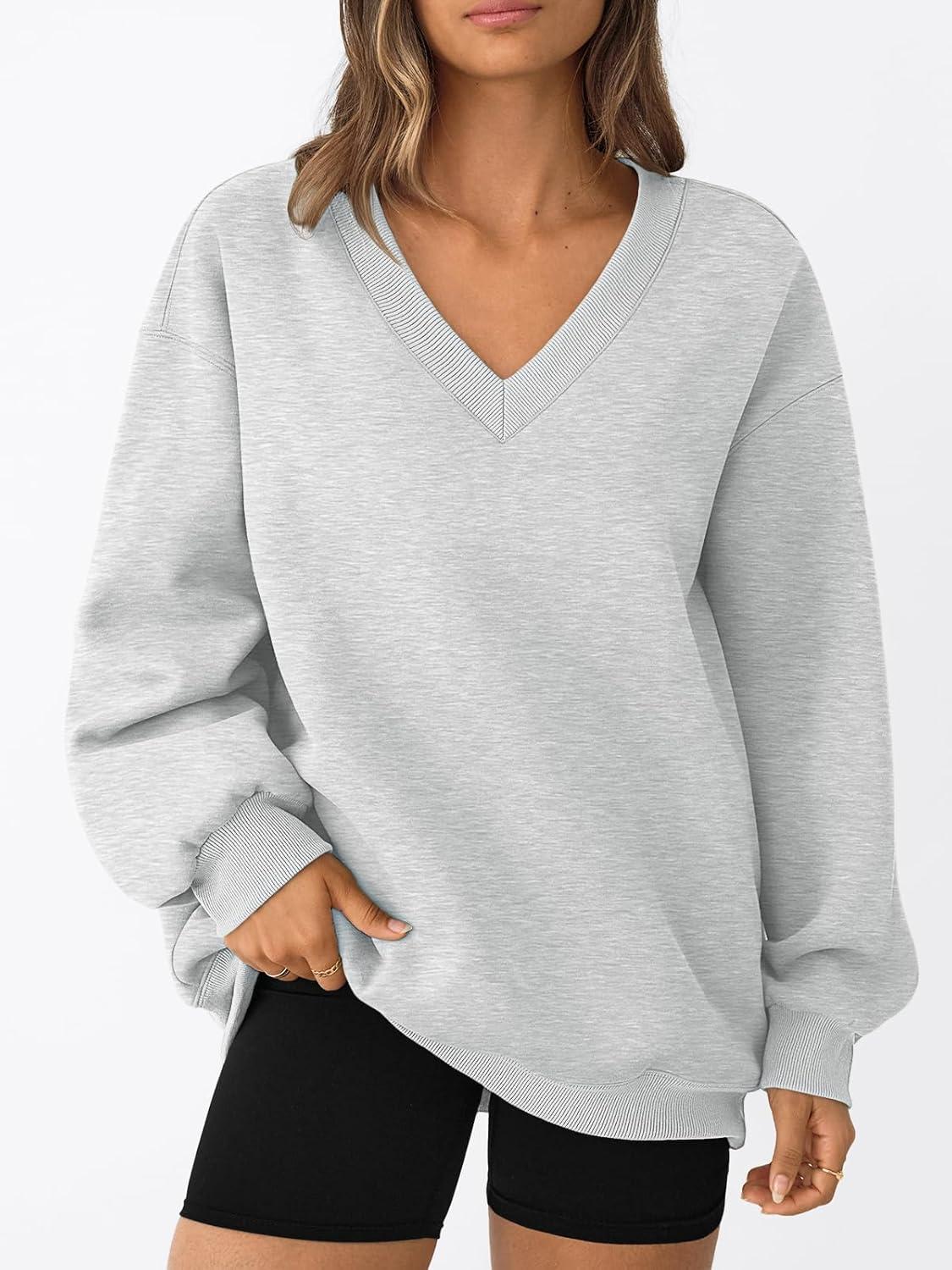 imageTrendy Queen Womens Oversized Sweatshirts Fall Fashion V Neck Hoodies Loose Fit Winter Outfits Teen Girl Clothes 2025Grey