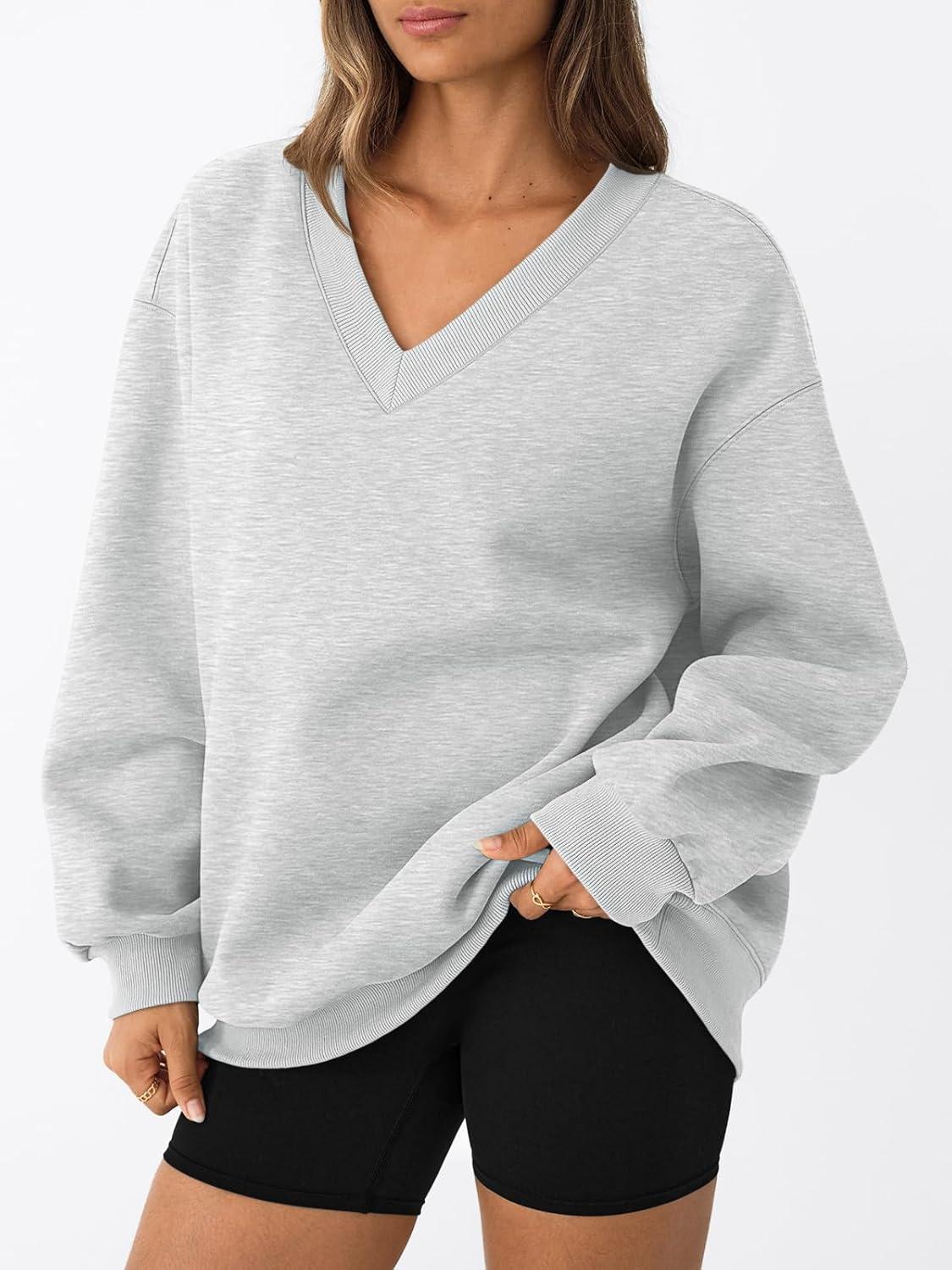 imageTrendy Queen Womens Oversized Sweatshirts Fall Fashion V Neck Hoodies Loose Fit Winter Outfits Teen Girl Clothes 2025Grey