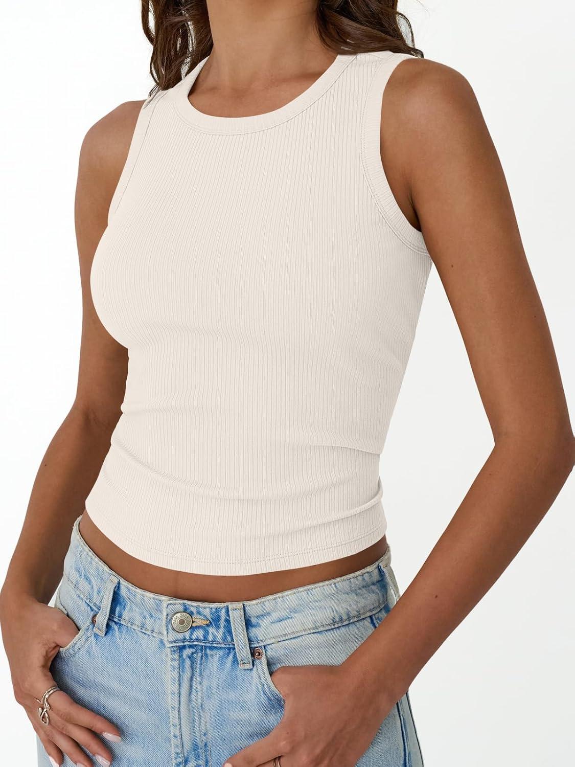 imageTrendy Queen Womens Tank Tops Summer Fashion 2025 Workout Ribbed Sleeveless High Neck Beach Vacation Oufits ClothesBeige