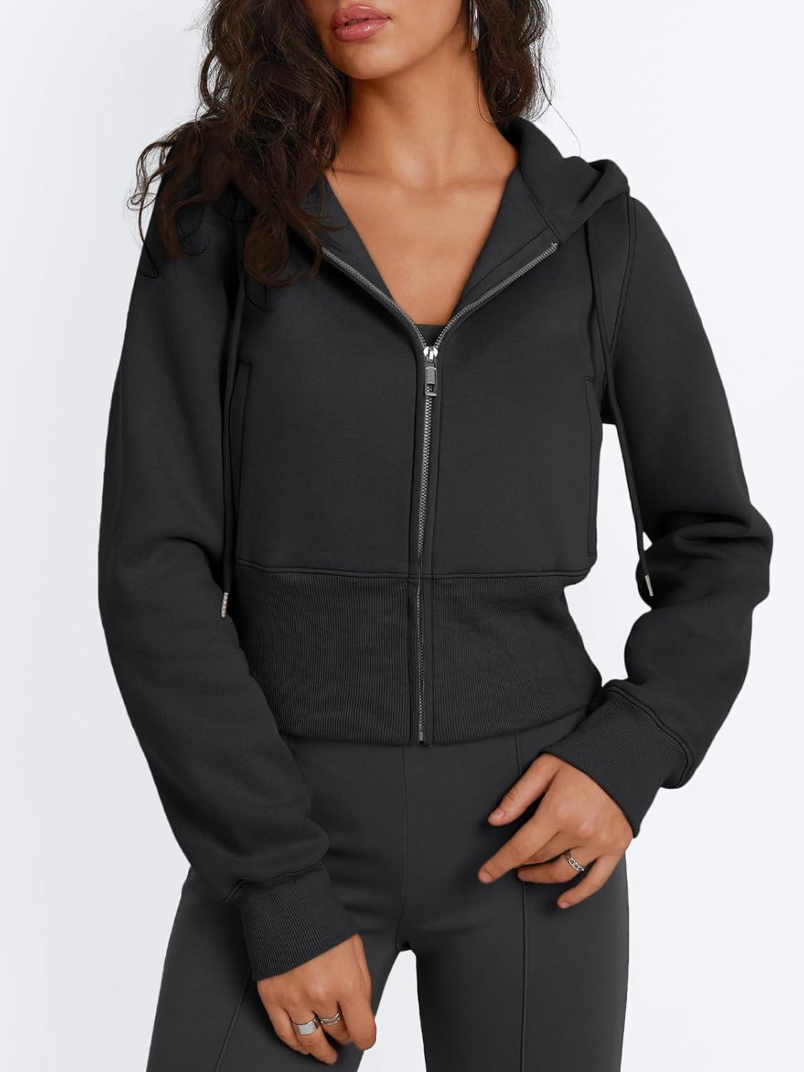 imageTrendy Queen Womens Zip Up Cropped Hoodies Long Sleeve Sweatshirts Jackets Fall Fashion 2024 Y2k Winter ClothesBlack