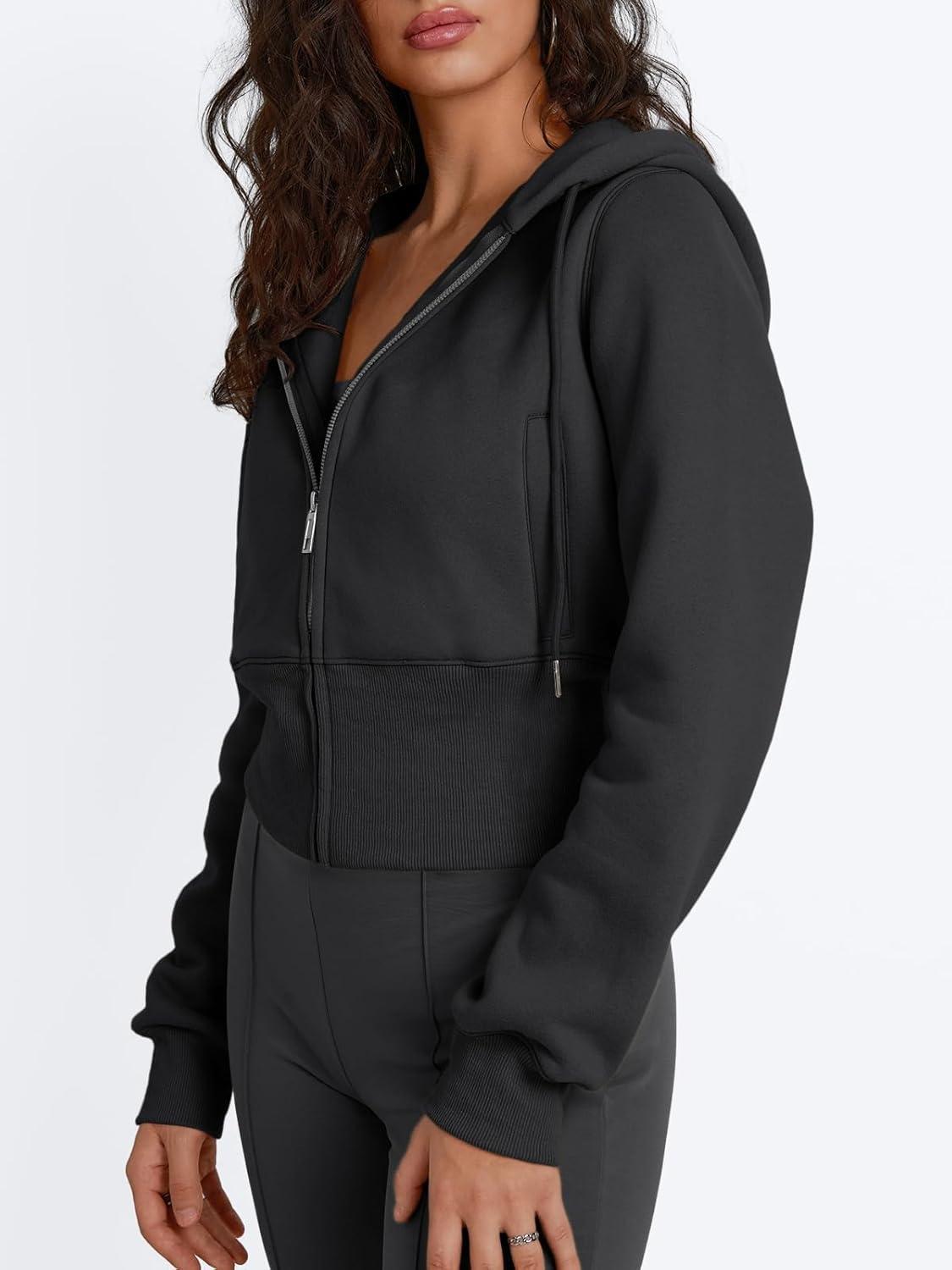 imageTrendy Queen Womens Zip Up Cropped Hoodies Long Sleeve Sweatshirts Jackets Fall Fashion 2024 Y2k Winter ClothesBlack