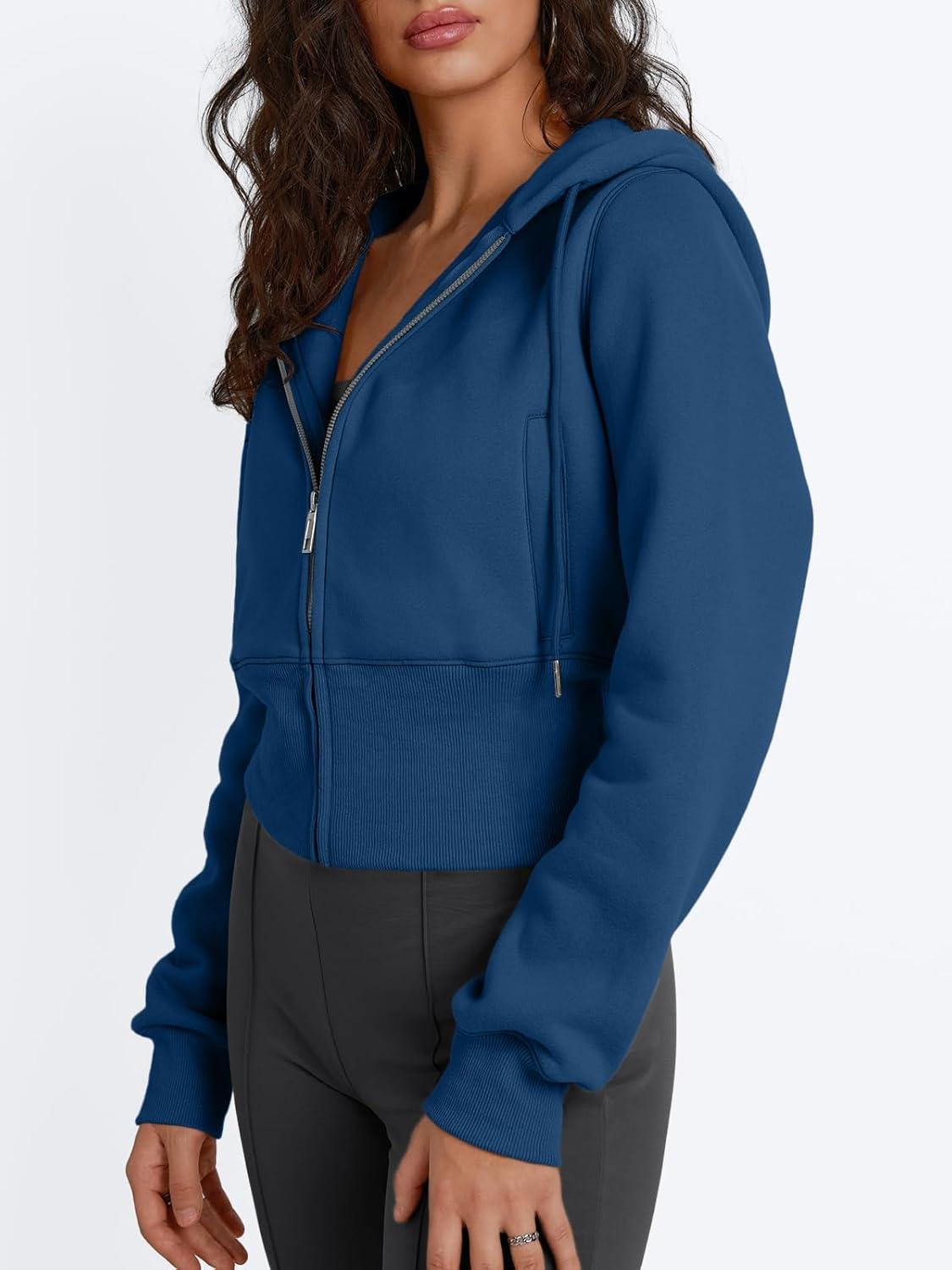imageTrendy Queen Womens Zip Up Cropped Hoodies Long Sleeve Sweatshirts Jackets Fall Fashion 2024 Y2k Winter ClothesBlue