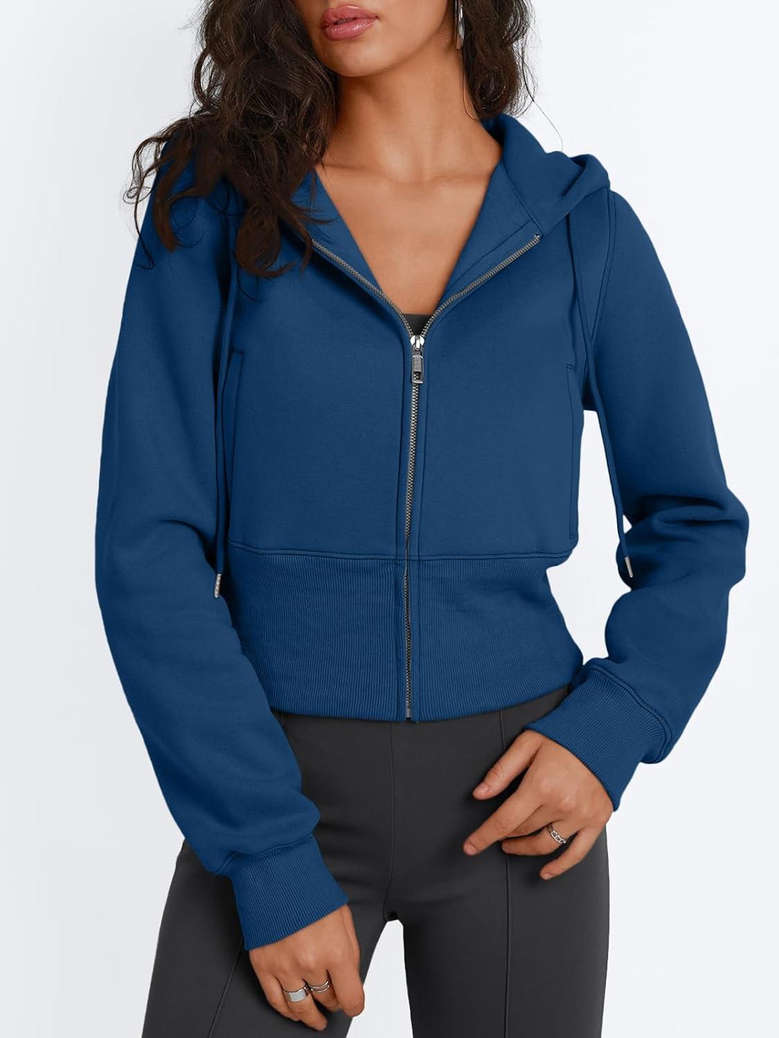 imageTrendy Queen Womens Zip Up Cropped Hoodies Long Sleeve Sweatshirts Jackets Fall Fashion 2024 Y2k Winter ClothesBlue