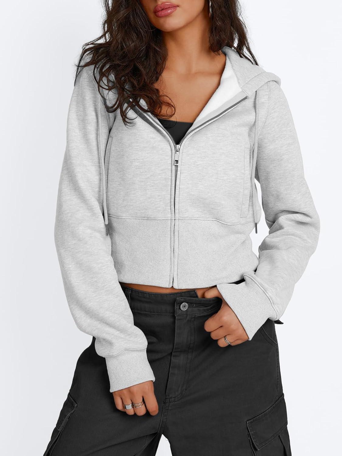 imageTrendy Queen Womens Zip Up Cropped Hoodies Long Sleeve Sweatshirts Jackets Fall Fashion 2024 Y2k Winter ClothesGrey