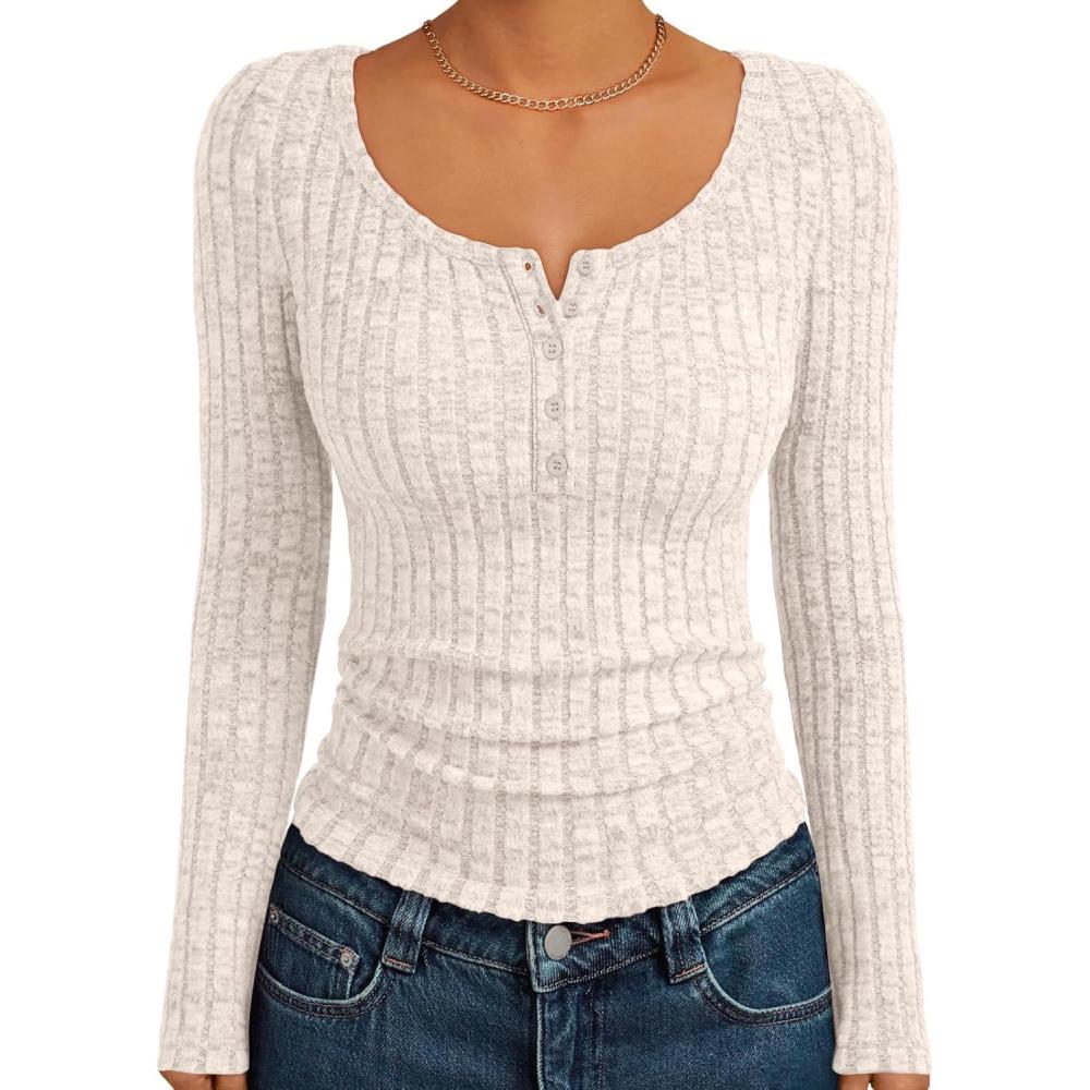 imageTrendy Queen Long Sleeve Henley Fitted Shirts for Women Sweaters Fall Fashion Tops Dressy Casual Y2K Cute Clothes OutfitsApricot