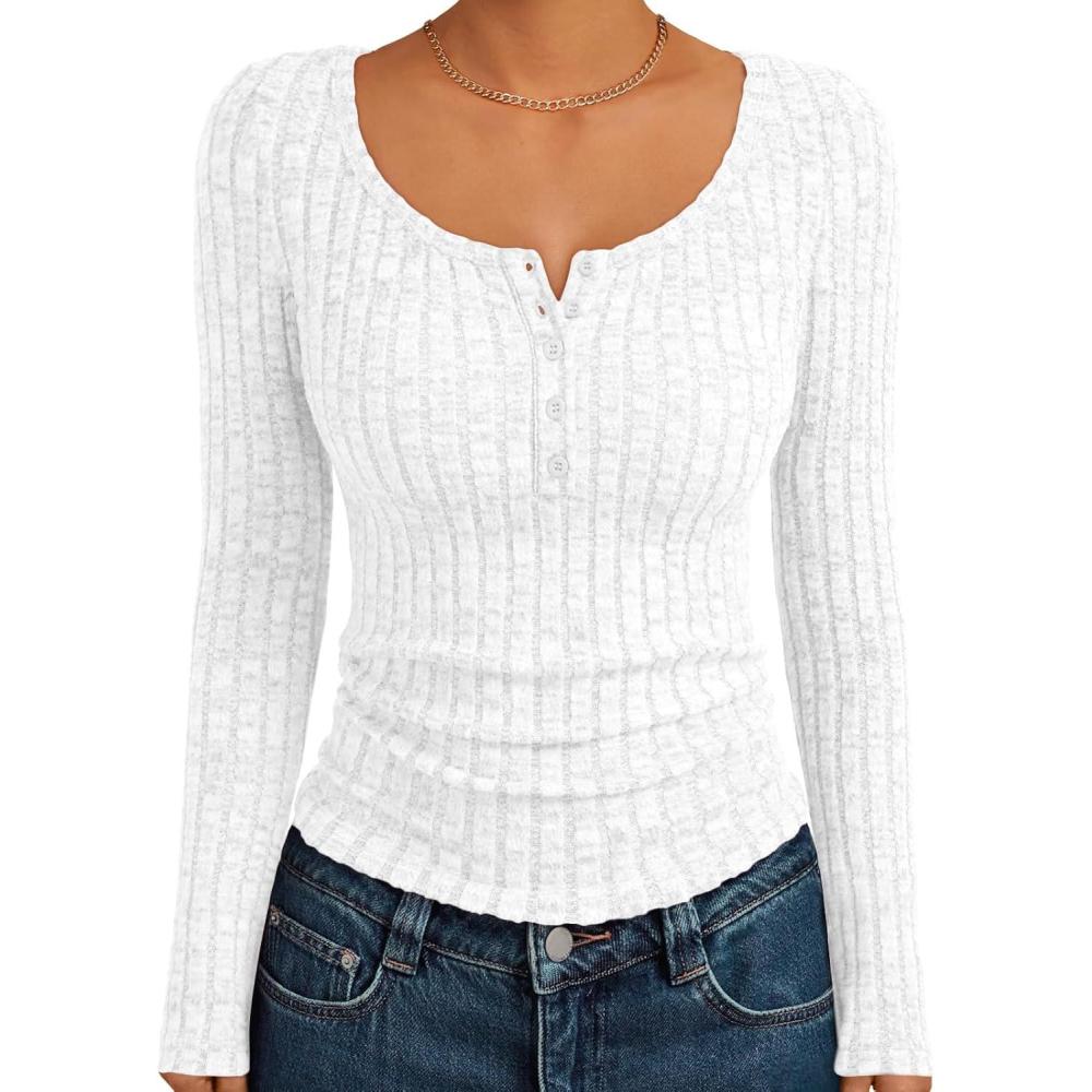 imageTrendy Queen Long Sleeve Henley Fitted Shirts for Women Sweaters Fall Fashion Tops Dressy Casual Y2K Cute Clothes OutfitsWhite