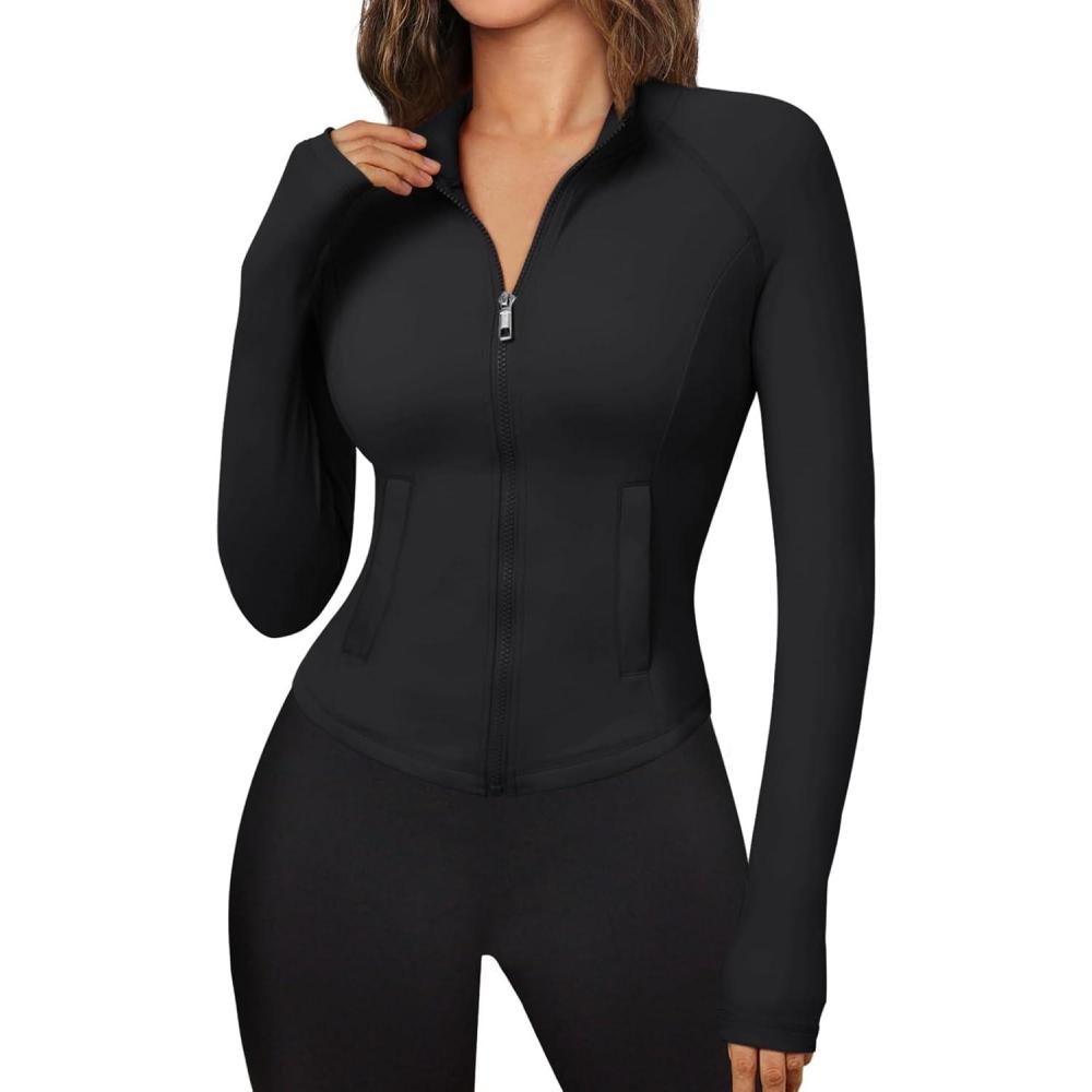 imageTrendy Queen Womens Full Zip Up Scrubs Lightweight Jacket Cropped Long Sleeve Workout Sweatshirts Slim Fit Running HoodiesBlack