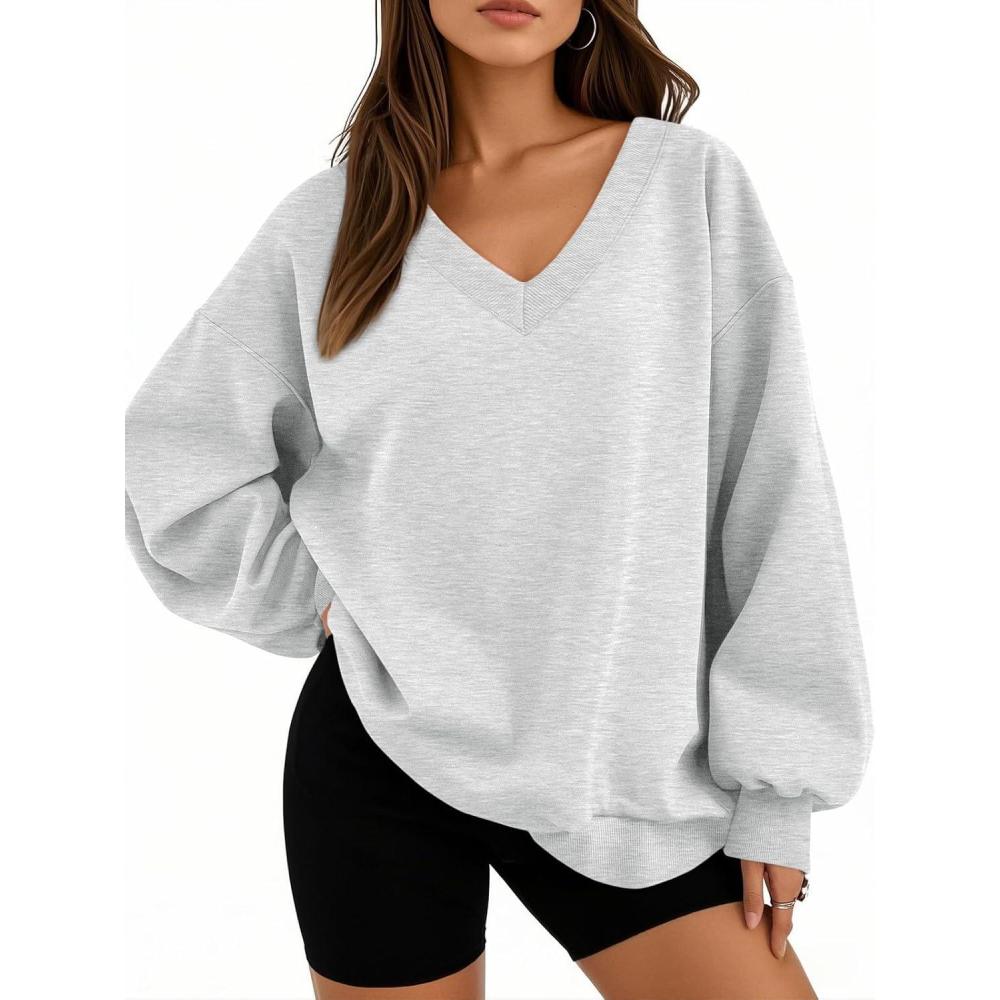imageTrendy Queen Womens Oversized Sweatshirts Fall Fashion V Neck Hoodies Loose Fit Winter Outfits Teen Girl Clothes 2025Grey