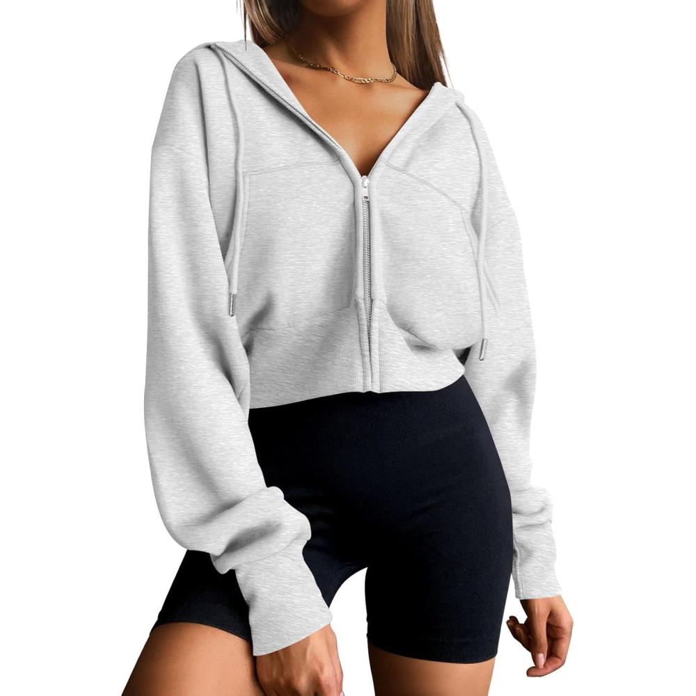 imageTrendy Queen Womens Zip Up Cropped Hoodies Long Sleeve Sweatshirts Casual Jackets Fall Fashion 2025 Winter ClothesGrey