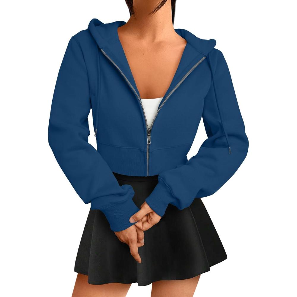 imageTrendy Queen Womens Zip Up Cropped Hoodies Long Sleeve Sweatshirts Jackets Fall Fashion 2024 Y2k Winter ClothesBlue