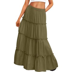 Trendy Queen Long Skirts for Women Boho Maxi Skirt Summer Swing Tiered A-Line Elastic High Waist Dress with Pockets Fashion(Armygreen)