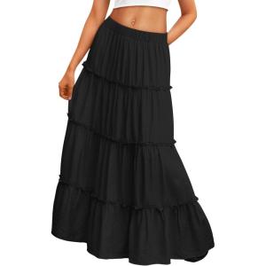 Trendy Queen Long Skirts for Women Boho Maxi Skirt Summer Swing Tiered A-Line Elastic High Waist Dress with Pockets Fashion(Black)