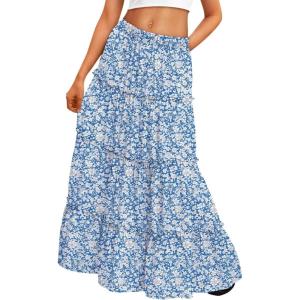 Trendy Queen Long Skirts for Women Boho Maxi Skirt Summer Swing Tiered A-Line Elastic High Waist Dress with Pockets Fashion(Blue Flower)