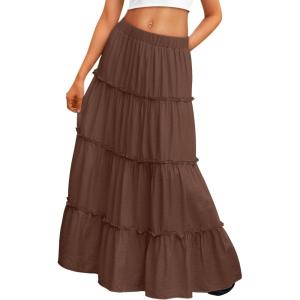 Trendy Queen Long Skirts for Women Boho Maxi Skirt Summer Swing Tiered A-Line Elastic High Waist Dress with Pockets Fashion(Brown)
