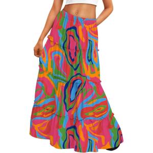 Trendy Queen Long Skirts for Women Boho Maxi Skirt Summer Swing Tiered A-Line Elastic High Waist Dress with Pockets Fashion(Multicolor)