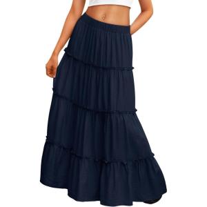 Trendy Queen Long Skirts for Women Boho Maxi Skirt Summer Swing Tiered A-Line Elastic High Waist Dress with Pockets Fashion(Navy)