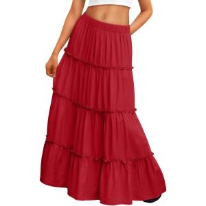 Trendy Queen Long Skirts for Women Boho Maxi Skirt Summer Swing Tiered A-Line Elastic High Waist Dress with Pockets Fashion(Red)