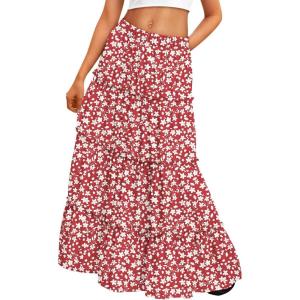 Trendy Queen Long Skirts for Women Boho Maxi Skirt Summer Swing Tiered A-Line Elastic High Waist Dress with Pockets Fashion(Red Flower)