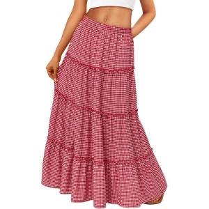 Trendy Queen Long Skirts for Women Boho Maxi Skirt Summer Swing Tiered A-Line Elastic High Waist Dress with Pockets Fashion(Red Plaid)