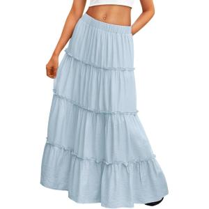 Trendy Queen Long Skirts for Women Boho Maxi Skirt Summer Swing Tiered A-Line Elastic High Waist Dress with Pockets Fashion(Skyblue)