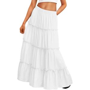 Trendy Queen Long Skirts for Women Boho Maxi Skirt Summer Swing Tiered A-Line Elastic High Waist Dress with Pockets Fashion(White)