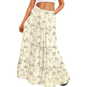 Trendy Queen Long Skirts for Women Boho Maxi Skirt Summer Swing Tiered A-Line Elastic High Waist Dress with Pockets Fashion(White Flower)