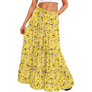 Trendy Queen Long Skirts for Women Boho Maxi Skirt Summer Swing Tiered A-Line Elastic High Waist Dress with Pockets Fashion(Yellow Flower)