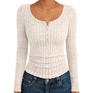 Trendy Queen Long Sleeve Henley Fitted Shirts for Women Sweaters Fall Fashion Tops Dressy Casual Y2K Cute Clothes Outfits(Apricot)