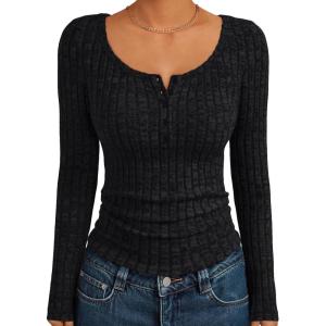 Trendy Queen Long Sleeve Henley Fitted Shirts for Women Sweaters Fall Fashion Tops Dressy Casual Y2K Cute Clothes Outfits(Black)