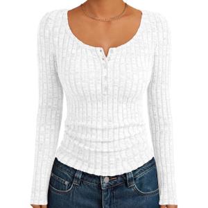Trendy Queen Long Sleeve Henley Fitted Shirts for Women Sweaters Fall Fashion Tops Dressy Casual Y2K Cute Clothes Outfits(White)