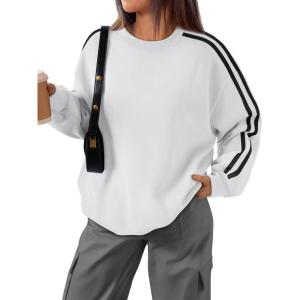 Trendy Queen Oversized Sweatshirt for Women Crewneck Fall Fashion Clothes 2025 Striped Sweater y2k Teen Girls Outfits(White)