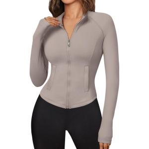 Trendy Queen Women’s Full Zip Up Scrubs Lightweight Jacket Cropped Long Sleeve Workout Sweatshirts Slim Fit Running Hoodies(Coffee Grey)