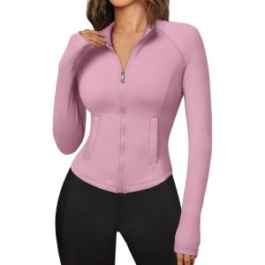 Trendy Queen Women’s Full Zip Up Scrubs Lightweight Jacket Cropped Long Sleeve Workout Sweatshirts Slim Fit Running Hoodies(Light Pink)