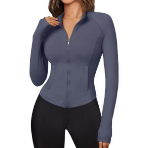 Trendy Queen Women’s Full Zip Up Scrubs Lightweight Jacket Cropped Long Sleeve Workout Sweatshirts Slim Fit Running Hoodies(Navy Blue)