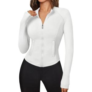 Trendy Queen Women’s Full Zip Up Scrubs Lightweight Jacket Cropped Long Sleeve Workout Sweatshirts Slim Fit Running Hoodies(White)